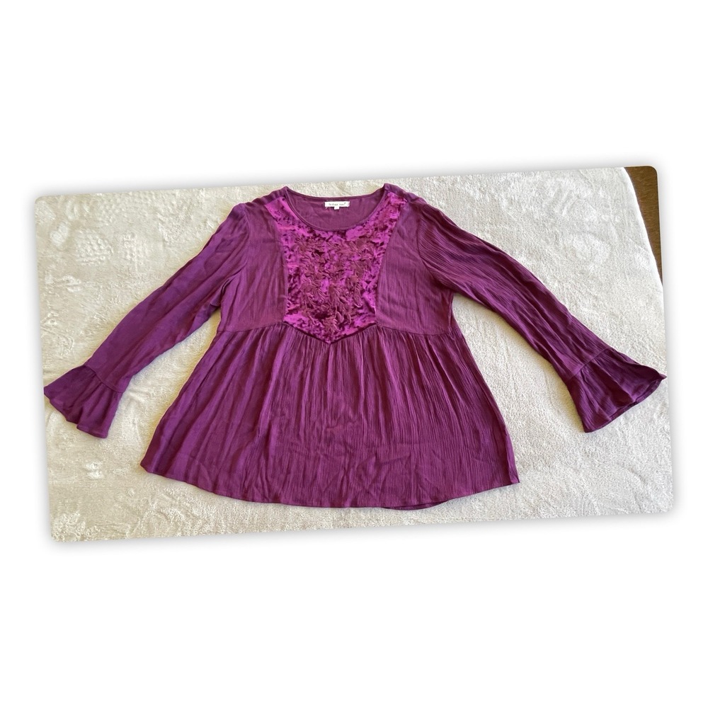 Indigo Soul Womens Boho Tunic Top L Purple Embroidered Front Bell Sleeve